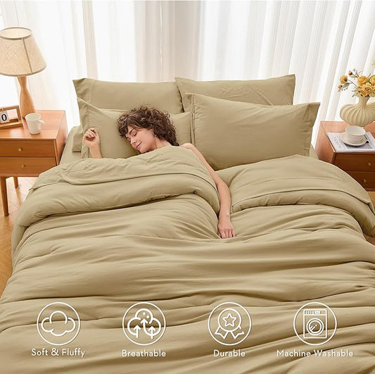 MUXHOMO 7 Pieces Full Comforter Set, Soft Bed in a Bag Full Size, All Season Bedding Set with Comforter, Flat Sheet, Fitted Sheet, Pillowcases & Shams, Khaki