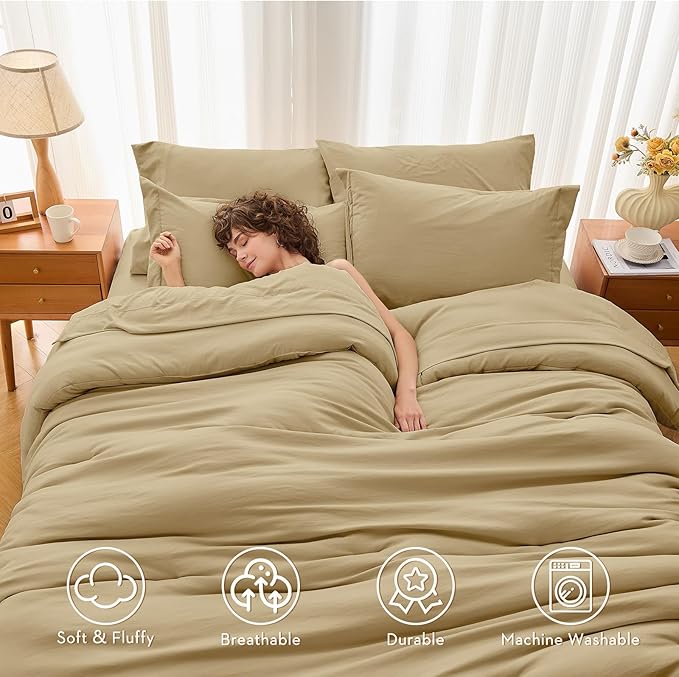 MUXHOMO 7 Pieces King Comforter Set, Soft Bed in a Bag King Size, All Season Bedding Set with Comforter, Flat Sheet, Fitted Sheet, Pillowcases & Shams, Khaki