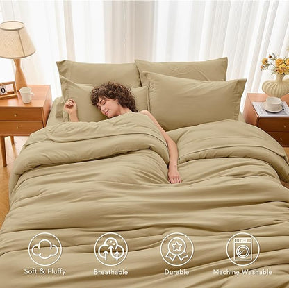 MUXHOMO 7 Pieces King Comforter Set, Soft Bed in a Bag King Size, All Season Bedding Set with Comforter, Flat Sheet, Fitted Sheet, Pillowcases & Shams, Khaki