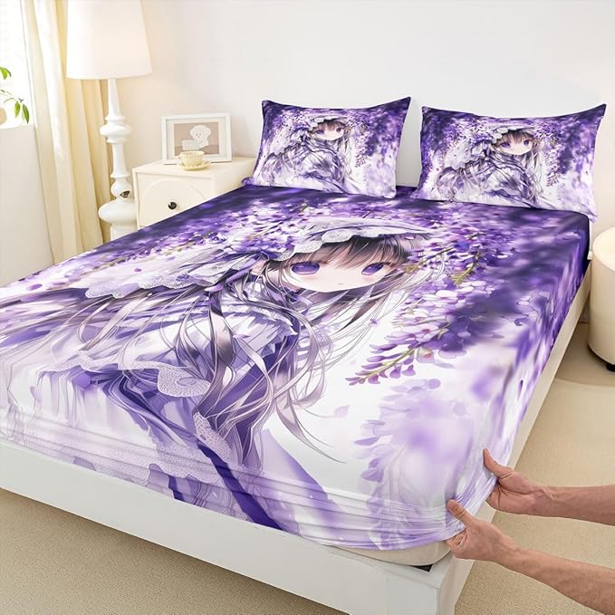 Erosebridal Lilac Flower Girl Fitted Sheet for Boys Girls Kids Purple Spring Floral Twin Bed Sheets,Anime Girl Sheets Cartoon Anime Gift Bedding Sets, No Top Sheet