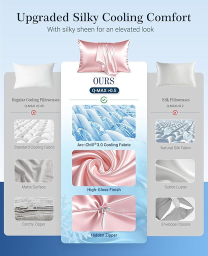 Elegear Cooling Pillow Cases for Hot Sleepers, Upgraded Arc-Chill Cooling Satin Pillowcases Q-max>0.5, Similar to Silk Pillow Cases for Hair & Skin, Luxury Zipper Pillowcase Cover Set of 2-Queen,Pink