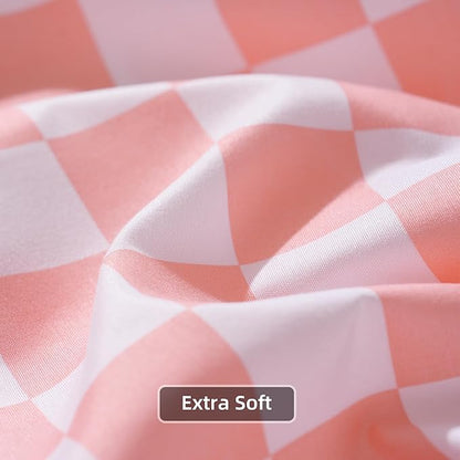 Queen Size Sheet Set 4 Piece -Microfiber Soft Durable Bedding Sheet Set,Deep Pocket,Stain,Fade & Wrinkle Resistant (Plaid Coral&White)