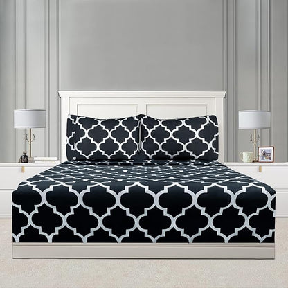 Mejoroom Full Bed Sheet Set - Super Soft Brushed Microfiber 1800 Thread Count Sheets with 16inches Deep Pocket - Wrinkle Free - 4 Piece(Full, Black Quatrefoil with White Pattern)