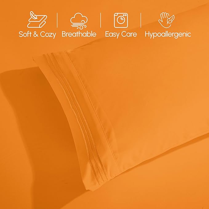 Elegant Comfort Luxurious 1500 Premium Hotel Quality Microfiber Three Line Embroidered Softest 4-Piece Bed Sheet Set, Wrinkle and Fade Resistant, Twin/Twin XL, Orange