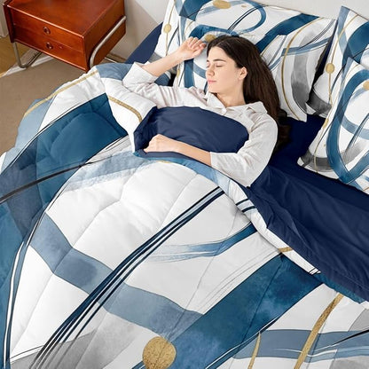 Erosebridal Blue Abstract 7 Piece Comforter Set Queen Modern Gold Grey Line Bedding Set Minimalist Simple Cool Unique Geometric Comforter for Man Teens Fashion Aesthetic Sheet Set Room Decor