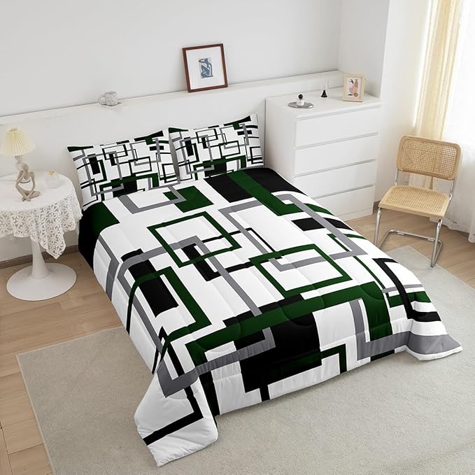 Erosebridal Black and White Green Comforter Set Full Size,Squares Bedding Set for Kids Boys Girls,Modern Geometric Quilt Set,Mid Century Novelty Duvet Insert with 2 Pillowcases Warm