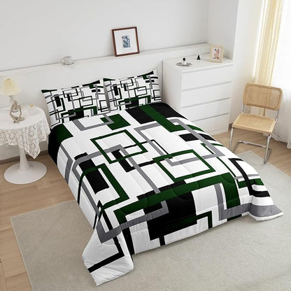 Erosebridal Black and White Green Queen Comforter Set,Squares Bedding Set for Kids Boys Girls,Modern Geometric Quilt Set,Mid Century Novelty Duvet Insert with 2 Pillowcases Warm