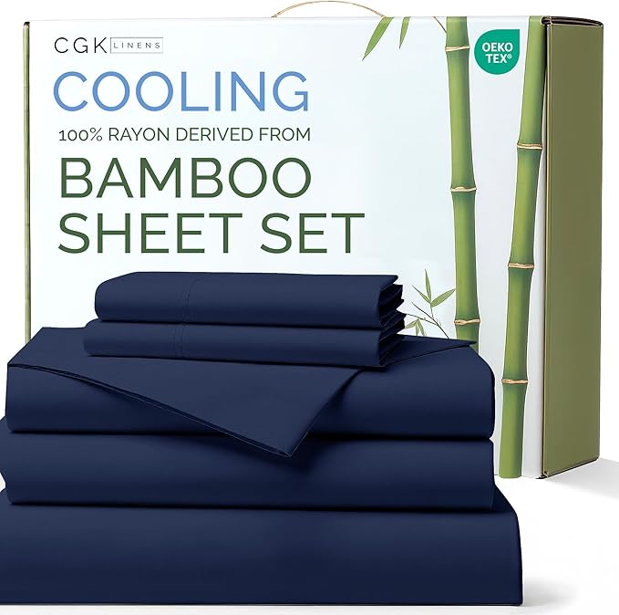 100% Rayon Derived From Bamboo - Bamboo Sheets Split King Size - Cooling Sheets for Split King - Ultra Soft Hotel Luxury Bedding - 1 Flat & 2 Fitted & 2 Pillowcases w/ 16 Inch Deep Pockets - Navy Blue