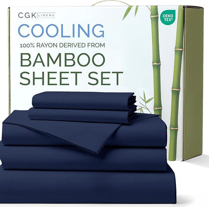 100% Rayon Derived From Bamboo - Bamboo Sheets Split King Size - Cooling Sheets for Split King - Ultra Soft Hotel Luxury Bedding - 1 Flat & 2 Fitted & 2 Pillowcases w/ 16 Inch Deep Pockets - Navy Blue