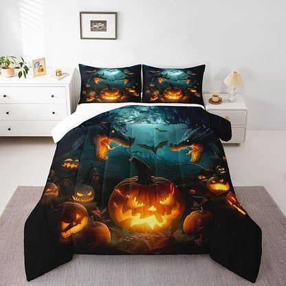 Dragon Pumpkin Comforter Set Queen Size,Bat Moon Tree Branch Horror Bedding Set for Kids Boys Girls Room Decor,Happy Halloween Duvet Insert 3Pcs,Retro Wild Animal Moonlight Quilt Set,2 Pillowcases
