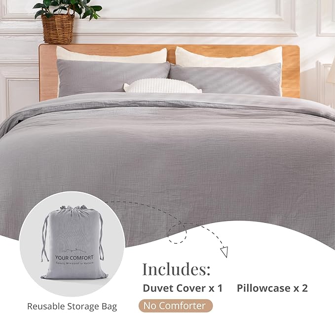 Gray Duvet Cover King, 100% Sandwashed Cotton Soft King Size Duvet Cover Set 3 Pieces with Zipper Clousre & Corner Buttons (Gray, King 104 x 90)