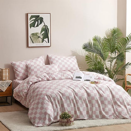 CLOTHKNOW Pink White Plaid Comforter Set Queen Grid Bedding Comforter Sets Soft Checkered Queen Comforter with 2 x Pillow Cases
