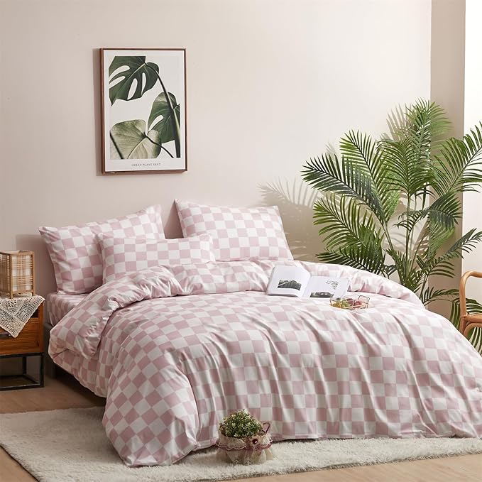 CLOTHKNOW Pink White Plaid Twin Comforter Set Grid Bedding Comforter Sets Soft Checker Comforters with 2 x Pillow Cases