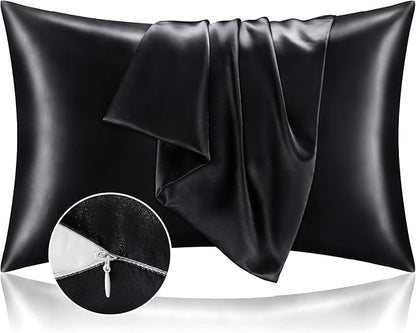 BEDELITE Satin Pillowcase with Zipper, Black King Size Pillow Cases Set of 2, Super Soft and Cooling Similar to Silk Pillow Cases, Gift for Women Men(20x36 Inches)