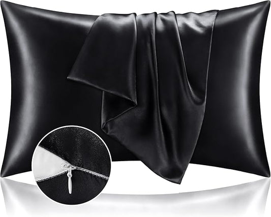 BEDELITE Satin Pillowcase with Zipper, Black King Size Pillow Cases Set of 2, Super Soft and Cooling Similar to Silk Pillow Cases, Gift for Women Men(20x36 Inches)