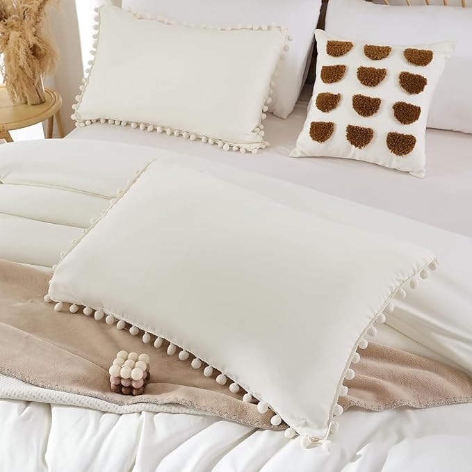 YIRDDEO King Size Comforter Set in Ivory, 3pcs Boho Ball Pom Lightweight Bed Comforter, Soft Solid Color Bedding Comforter Sets for All Seasons (Ivory, King, 104"x90")