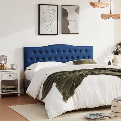 Tufted Headboard King Size, Solid Wood Adjustable Height Head Board, Blue | Upholstered King Headboard Only with Durable Solid Wood Legs, Adjustable Height 37-51 in, Fabric Button Diamond HeadBoards