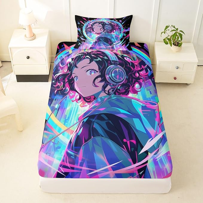 3D Anime Girl Bed Sheets American Street Culture Fitted Sheet Twin for Teens Youth Girls Watercolor Graffiti Style Bedding Set Galaxy Stars Print Sheets with 1 Pillow Case, No Flat Sheet