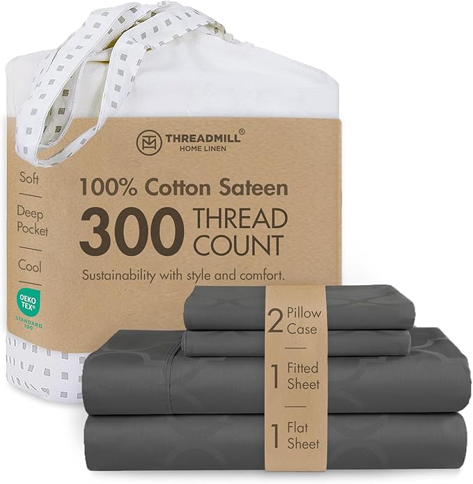Threadmill 100% Cotton Sheets for King Size Bed | 4 Pc King Bed Sheets Set | Soft, Breathable Lightweight Damask Sateen for All-Season Use | Snug Fit Elastic Deep Pocket King Sheets | Dark Grey