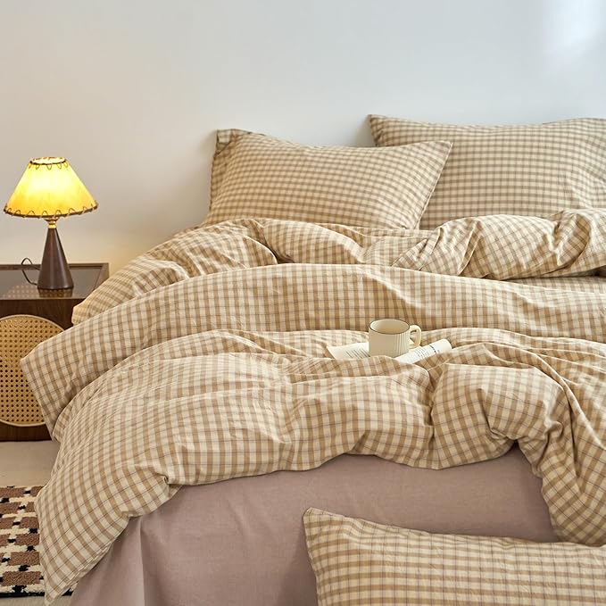 EAVD Vintage Style Brown&Beige Plaid Duvet Cover King Soft 100% Washed Cotton Chic Checkered Gingham Bedding Set with 2 Pillowcases Farmhouse Brown Gingham Duvet Cover with Zipper Closure