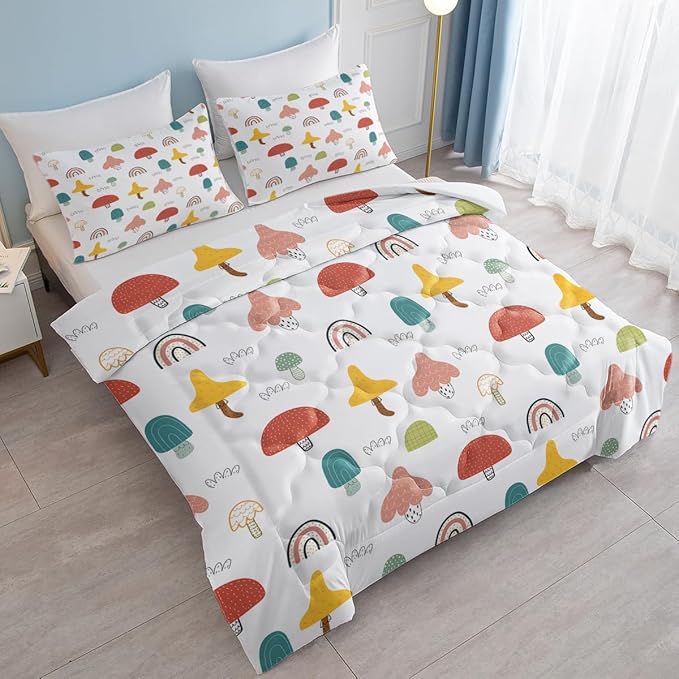 SOULZZZ Girls Rainbow Mushroom Comforter Colorful Trippy Cartoon Mushroom Bed Set Twin Size for Kids Boys Teens Wild Garden Plant Rainbow Kawaii Bedding Set with 2 Pillowcases