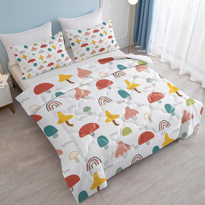 SOULZZZ Girls Rainbow Mushroom Comforter Colorful Trippy Cartoon Mushroom Bed Set Twin Size for Kids Boys Teens Wild Garden Plant Rainbow Kawaii Bedding Set with 2 Pillowcases