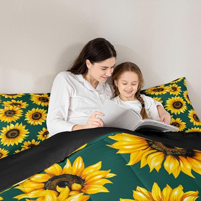 Erosebridal Sunflower Comforter Set Full Size 3D Floral Bedding Set for Kids Girls Women Adult Yellow Floral Down Comforter Botanical Flower Print Green Quilt Set Blossom Garden Duvet Set