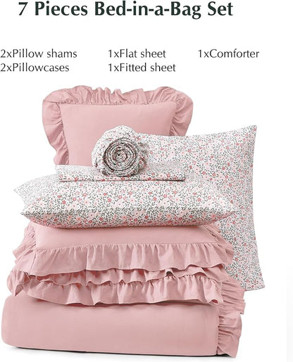 Queen Comforter Set - 7 Pieces Ruffle Soft Pink Bedding Sets, Shabby Chic Farmhouse Bed in a Bag Queen with Ruffle Comforter, Floral Sheets, Pillowcases & Shams