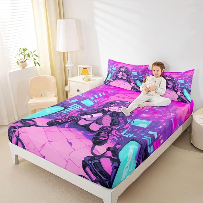 Erosebridal Fashion Girls Full Bed Sheets for Kids Boys Girls Japanese Girl Fitted Sheet,Girly 3D Gaming Bedding Sets Fashion Pink Coquette Sheets with 2 Pillowcases