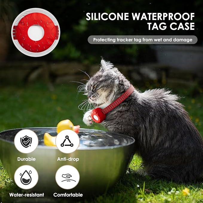 Cat Tracker, GPS Tracker Compatible with Apple Find My App(Only iOS), Waterproof Cat Tracker Collar with Bell and Safety Elastic Buckle, No Monthly Fee, Territory & Location History (Red)