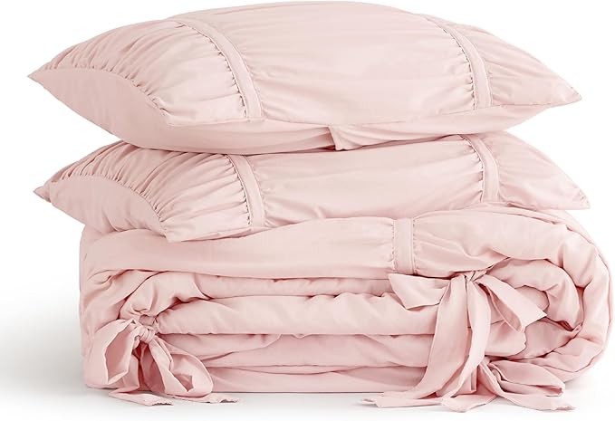 Bedsure Ruched Comforter Set with Bow Trim Pink, GentleSoft™ 3 Pieces Bow Shabby Chic Bedding Pink Room Decor, King Boho Bedding for Girls Teens Women, 1 Bed Comforter, 2 Pillow Shams, 104x90 Inches