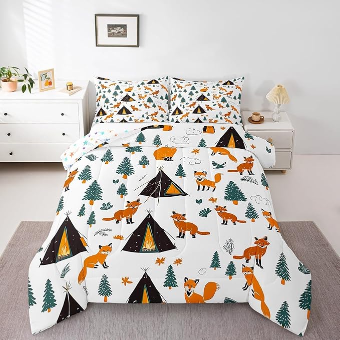 Feelyou Camping Comforter Set Toddler Size Fox Comforter Camper Accessories for Travel Trailers Bedding Set Cute Duvet Set Room Decor Wool White Quilt Set