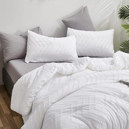 CLOTHKNOW White Tufted Full Size Comforter Sets 3Pcs Farmhouse Bedding Sets Soft Shabby Chic Boho Comforter with 2 x Pillow Cases