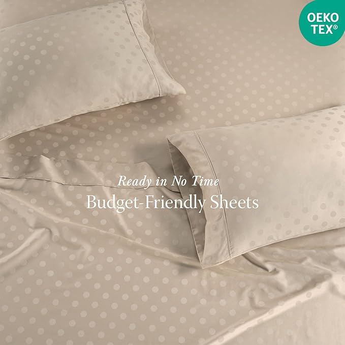 Threadmill Cotton Full Size Sheet Set | 100% Cotton Sheets for Full Size Bed | Damask Jacquard Full Bed Sheets Set with 16” Deep Pocket | Soft Sateen Weave 4-Piece Cooling Bedding Set | Beige
