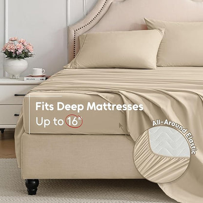 Twin Sheets Set, 3 Pieces Hotel Luxury Soft Microfiber Bed Sheets Set, Up to 16" Deep Pockets, Oeko-Tex Sheets with Elastic, Breathable, Wrinkle Free (Beige, Twin)