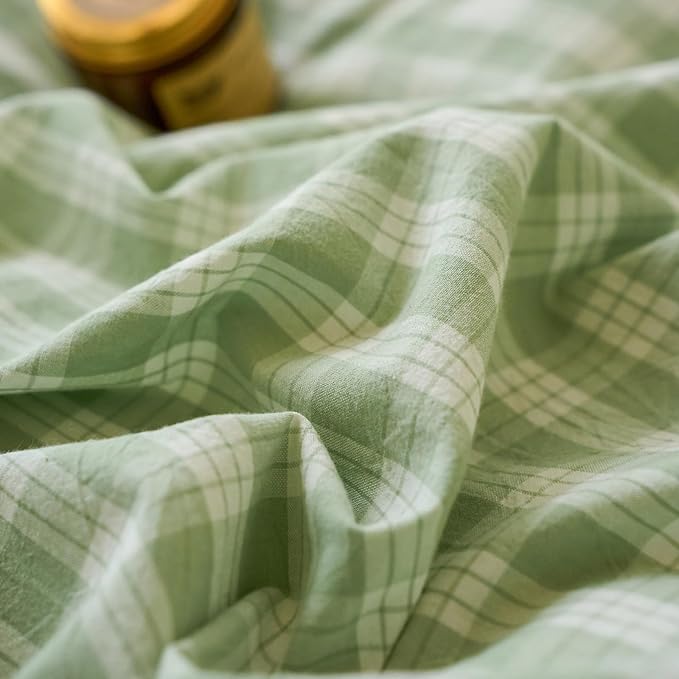 Green Gingham Queen Duvet Covers Washed Cotton Boho Comforter Covers Queen Size Soft Cute Farmhouse Plaid Duvet Cover Set with Hidden Zipper Chic Teen Bedding Set Checkered Duvet Protector