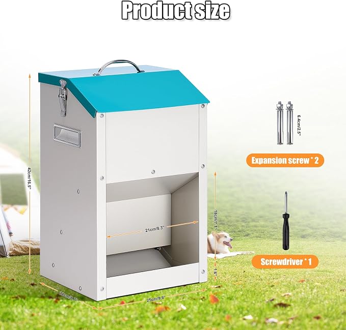 PKNYBZN Automatic Dog & Cat Feeder, 14L Outdoor Gravity Dog Feeder Use, Metal Automatic Feeder Cat Dry Food, Pet Feeding Station for Cats, Dogs and Other Small Animals
