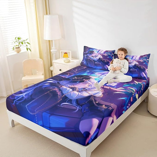 Erosebridal Japanese Anime Fitted Sheet,Cartoon Uniform Girls Bed Sheets for Boys Teen Bedroom Decoration Cute Japanese Cartoon Full Size Bed Set,Anime Aesthetic Art Sheets with 2 Pillowcases