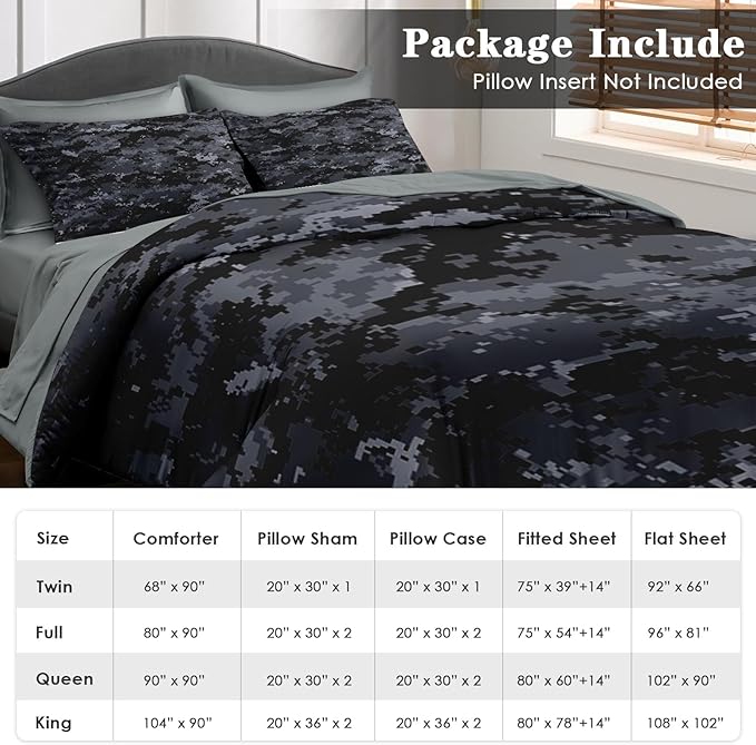 Comforter Set King Size, Camouflage Camo Military 7 Pcs Bedding for Kids and Adults, Gray Black Bed Sheet Sets with Fitted Sheet 2 Pillowcases & 2 Shams for Bedroom Bed Decor