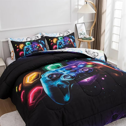 Aimuan Gamer Gaming Bedding Sets 3D Gamepad Comforter Sets for Boys Games Console Action Buttons Novelty Colorful Game Controller Modern Room Decor Home Quilt Set (Black-Multi, Queen 3PCS)