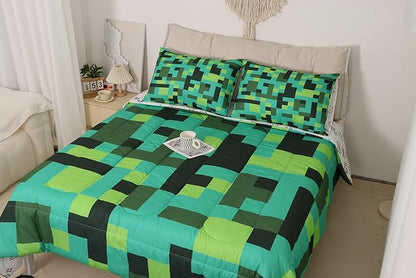 Pixel Grid Miners Kids Bedding Set King Size,Geometric Grid Patchwork Pixelated Comforter Set，Cartoon Gamepad Video Games Quilt Comforter,Cyan Green Bedroom Duvet Insert,2 Pillowcases