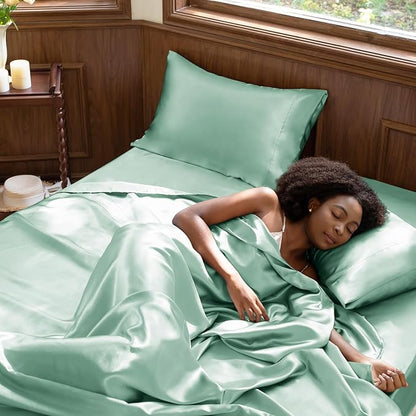 CozyLux Satin Sheets Queen Size Bed Set - 4 Piece Silky Queen Sheet Set, Luxury Aqua Queen Sheets with Smooth and Soft Microfiber, Includes 1 Fitted Sheet, 1 Flat Sheet and 2 Pillowcases