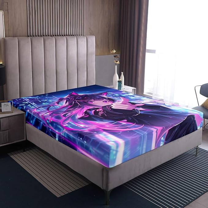 Erosebridal Kids Anime Girl Full Size Bedding Set, Japanese Anime Bed Sheets, Cartoon Girl Fitted Sheet for Boys Teens Bedroom Decor, Kawaii Japanese Animation Bed Set with 2 Pillow Cases