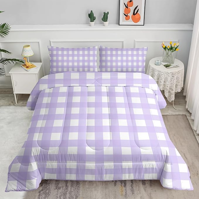 Gingham Comforter Set for Girls,Light Purple Kawaii Plaid Checkered Bedding Queen Size,Modern Geometric Bedding for Women Girls Kids,Farmhouse Grid Bed Comforter Set 1 Quilt 2 Pillowcases