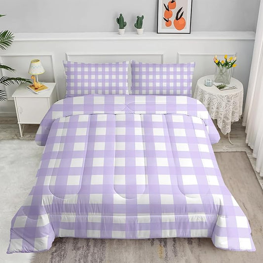 Gingham Comforter Set for Girls,Light Purple Kawaii Plaid Checkered Bedding Twin Size,Modern Geometric Bedding for Women Girls Kids,Farmhouse Grid Bed Comforter Set 1 Quilt 2 Pillowcases