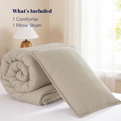 PHF Soft Waffle Comforter Set Twin Size- Comfy Breathable Waffle Weave Comforter with 1 Pillow Shams, 2 Pieces Less Snagging Lightweight Textured Bedding Set for All Season, Natural/Linen