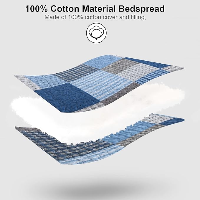 PANGUSHAN Quilts Set Queen Size,100% Cotton Patchwork Plaid Quilt Bedding Set,Blue/Navy Blue Reversible Bedspreads,Farmhouse Lightweight Comforter Set Bed Spread for All Season,3 Pieces