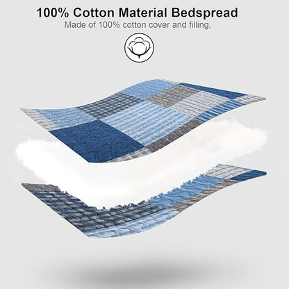 PANGUSHAN Quilts Set Queen Size,100% Cotton Patchwork Plaid Quilt Bedding Set,Blue/Navy Blue Reversible Bedspreads,Farmhouse Lightweight Comforter Set Bed Spread for All Season,3 Pieces