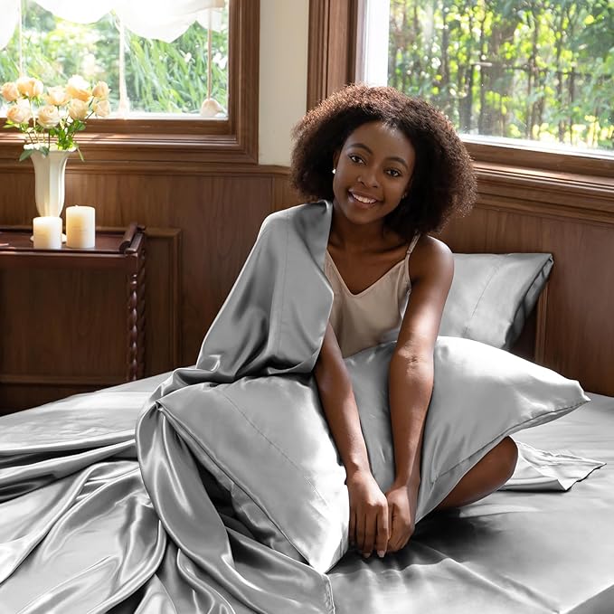 CozyLux Satin Sheets Full Size Sheets - 4 Piece Silky Full Size Bed Sheets, Luxury Light Grey Full Bed Set with Smooth and Soft Microfiber, Includes 1 Fitted Sheet, 1 Flat Sheet and 2 Pillowcases