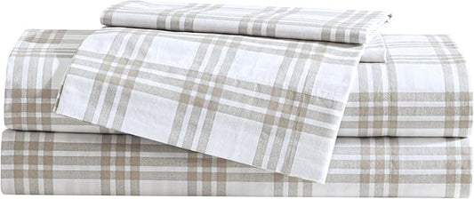 Eddie Bauer - Twin Sheet Set, Cotton Percale Bedding Set, Super Soft and Bedding Set, Oeko-Tex Certified (Basic Plaid Beige, Twin)